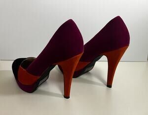 Qupid Colorblock Platform Pumps Faux Suede Black Pink Orange High Heels Size 8.5